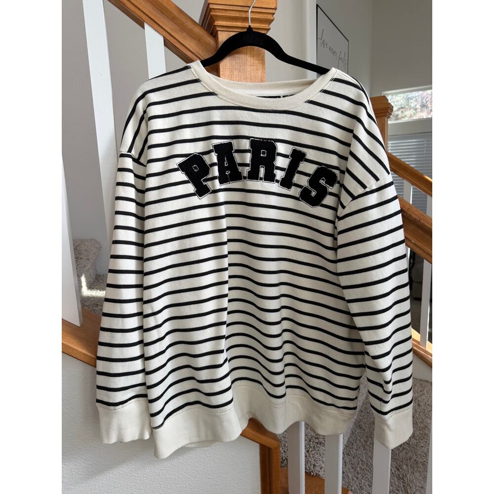 Joei & I Black and White Striped Paris Crew Neck Sweater Womens SZ Medium